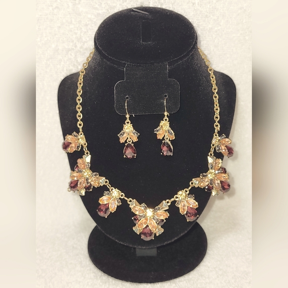 None Jewelry - Peach and Purple Gem Necklace and Dangle Earrings Set / Pierced